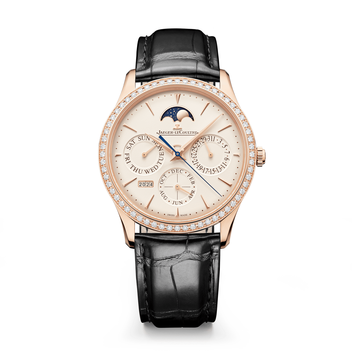 Jaeger-LeCoultre Master Ultra Thin Perpetual Calendar 39 mm Beige Dial with Diamonds Pink Gold Alligator Leather Strap Q1142501