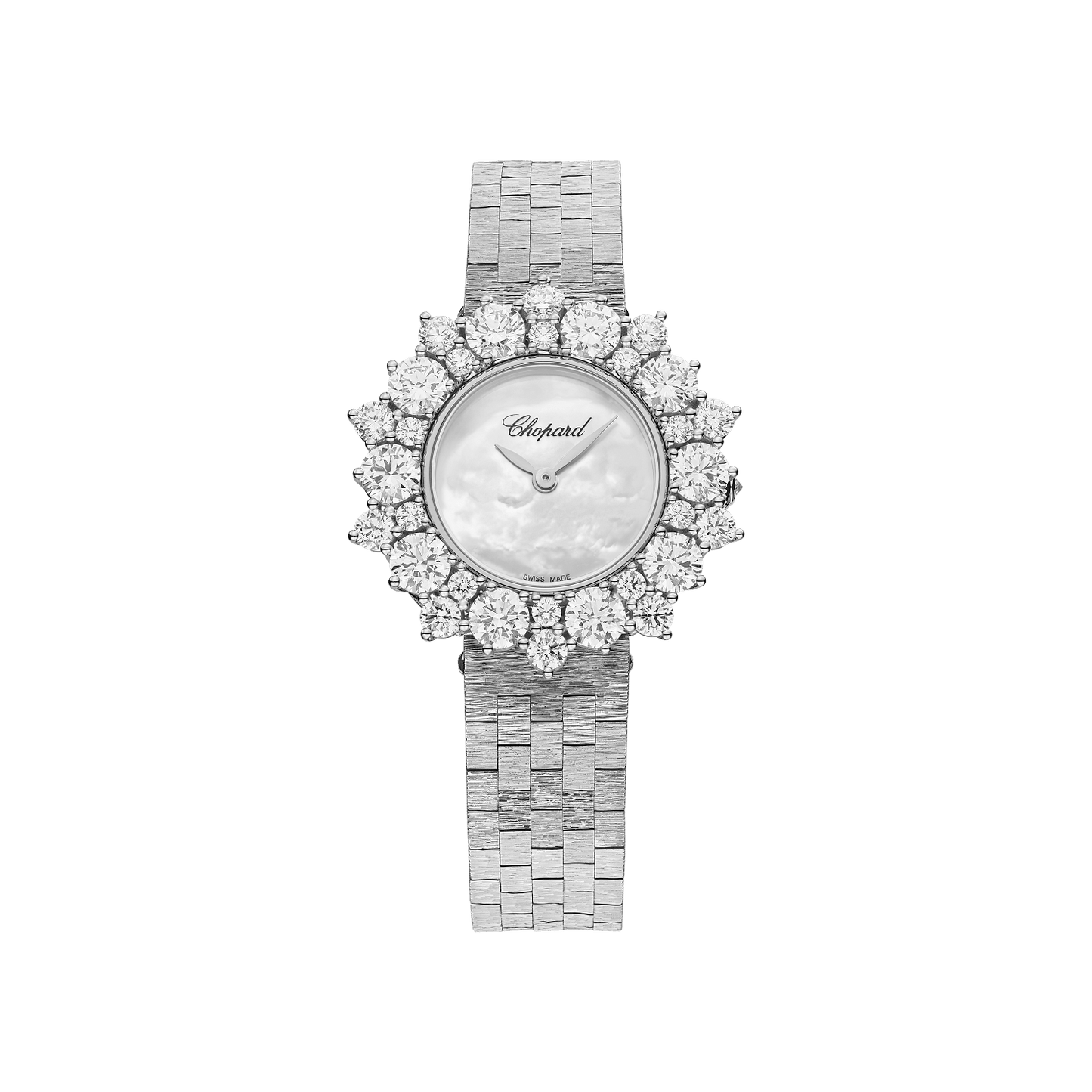 Chopard L'Heure du Diamant Round 30 mm Textured Mother-Of-Pearl Dial with Diamonds 18K White Gold Bracelet @10A391-1100