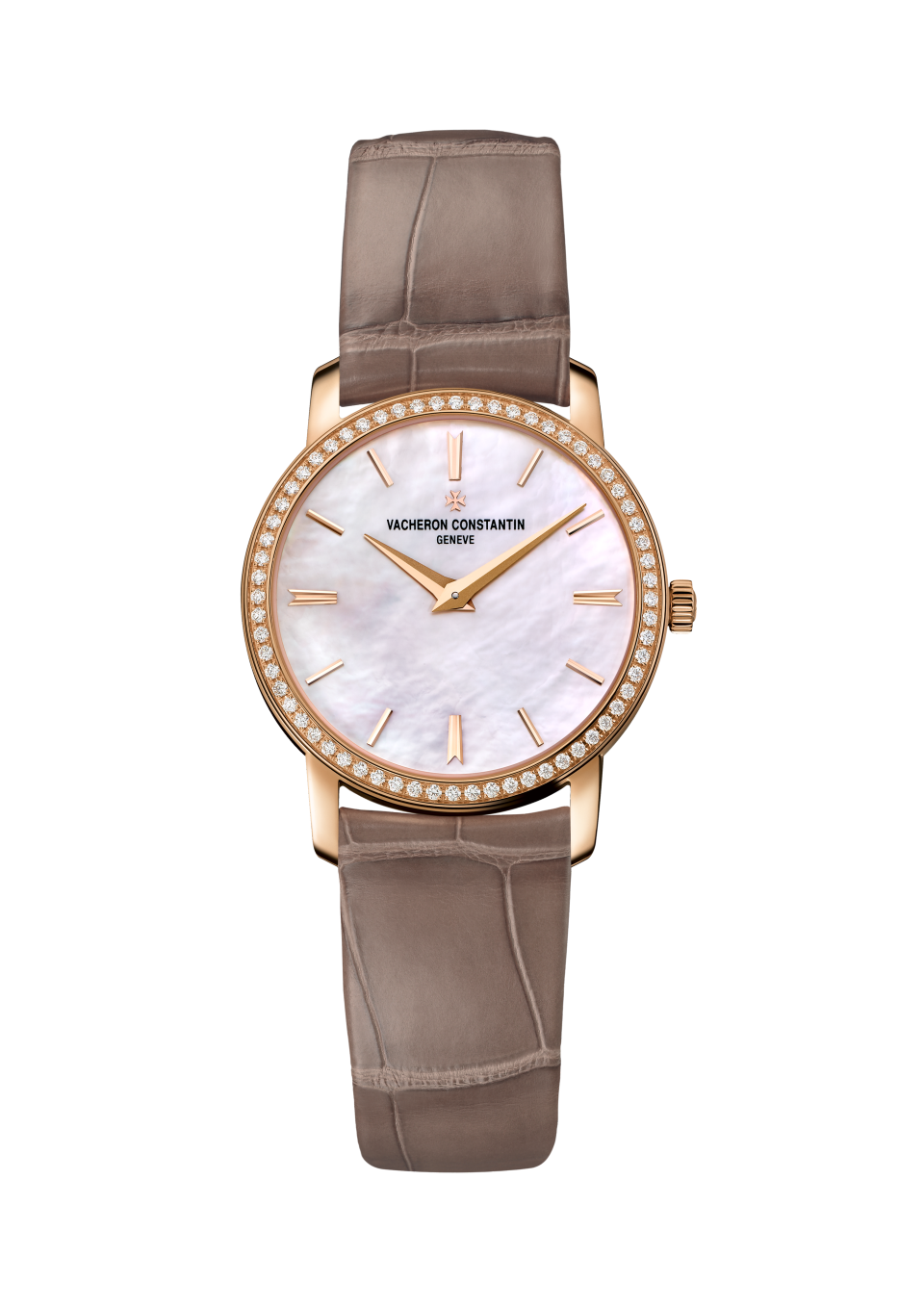 Vacheron Constantin Traditionnelle quartz 30 mm White Mother-Of-Pearl Dial with Diamonds 18K Pink Gold Alligator Leather Strap 25558/000R-B156