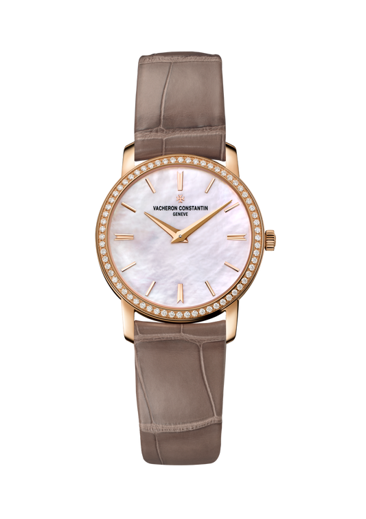 Vacheron Constantin Traditionnelle quartz 30 mm White Mother-Of-Pearl Dial with Diamonds 18K Pink Gold Alligator Leather Strap 25558/000R-B156