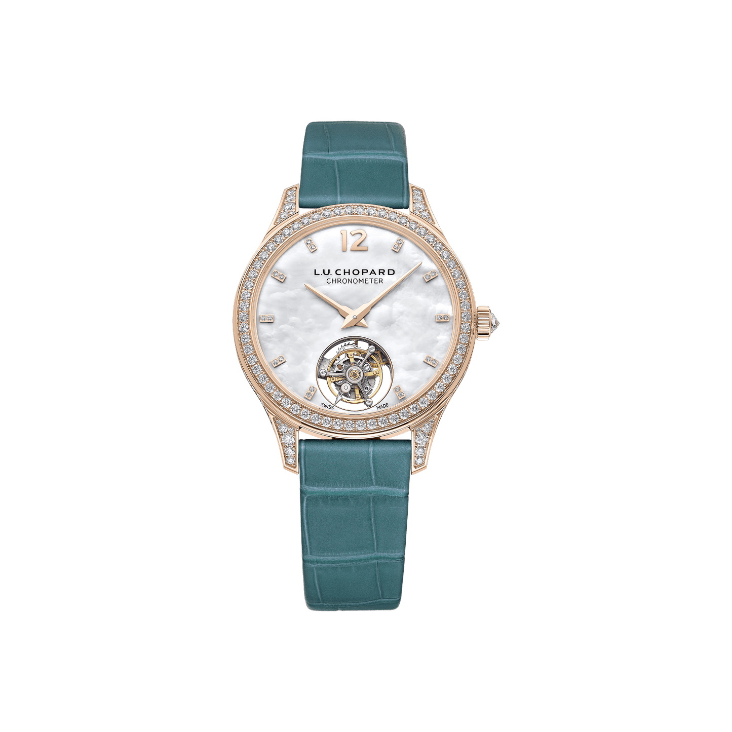 Chopard L.U.C Flying T Twin Ladies 35 mm White Mother-Of-Pearl Dial with Diamonds 18k Rose Gold Alligator Leather Strap 131981-5001