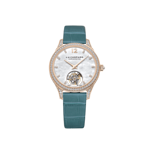 Chopard L.U.C Flying T Twin Ladies 35 mm White Mother-Of-Pearl Dial with Diamonds 18k Rose Gold Alligator Leather Strap 131981-5001