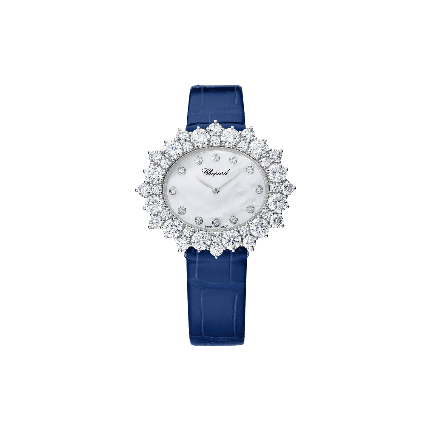 Chopard L’Heure du Diamant Oval Medium 36 mm White Mother-Of-Pearl Dial with Diamonds 18K White Gold Alligator Leather Strap @13A390-1100