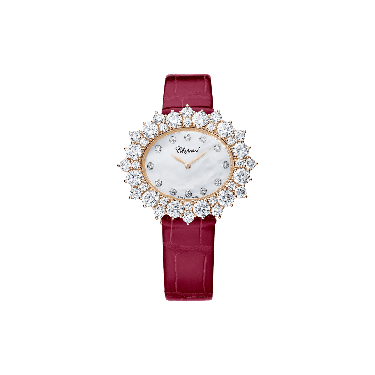 Chopard L’Heure du Diamant Oval Medium 36 mm White Mother-Of-Pearl Dial with Diamonds 18k Rose Gold Alligator Leather Strap @13A390-5100