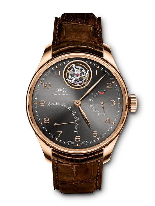 IWC Schaffhausen Portugieser Tourbillon Mystère Rétrograde 44.2 mm Grey Dial 18k 5N Gold Dark Brown Alligator Leather Strap IW504602