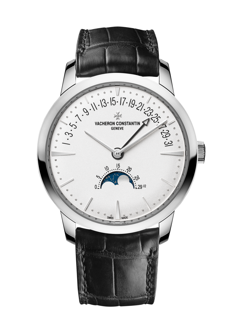 Vacheron Constantin Patrimony moon phase retrograde date 42.5 mm Silver Dial White Gold Alligator Leather Strap 4010U/000G-B330