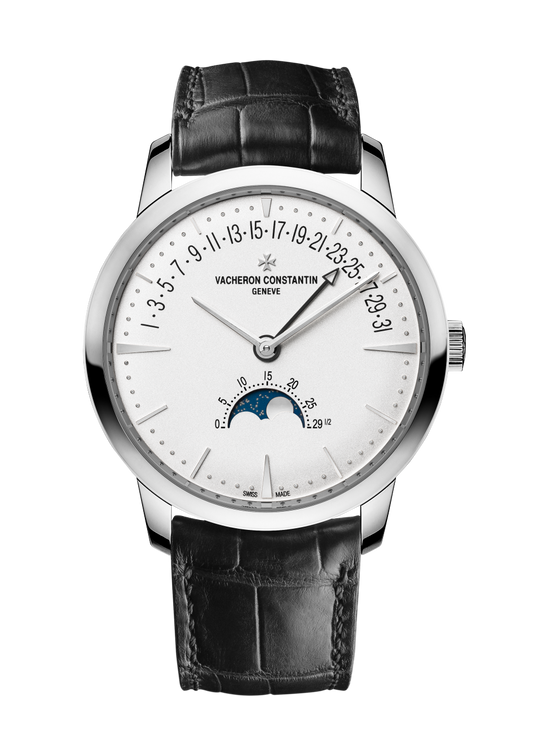 Vacheron Constantin Patrimony moon phase retrograde date 42.5 mm Silver Dial White Gold Alligator Leather Strap 4010U/000G-B330