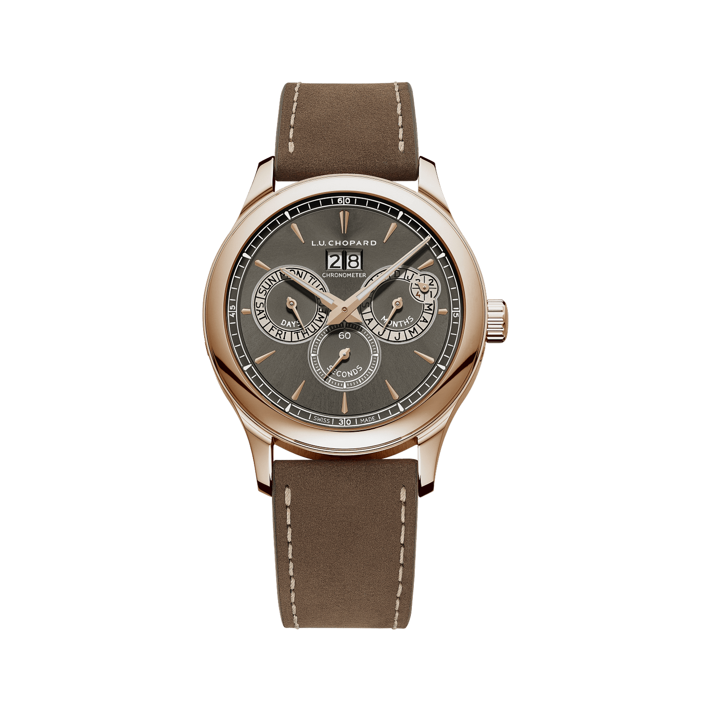 Chopard L.U.C Perpetual Twin 43 mm Grey Dial 18k Rose Gold Calfskin Leather Strap 161976-5003