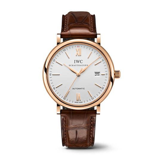 IWC Schaffhausen Portofino Automatic 40 mm Silver  Dial 18 Kt 5N Gold Case Dark Brown Alligator Leather Strap IW356504