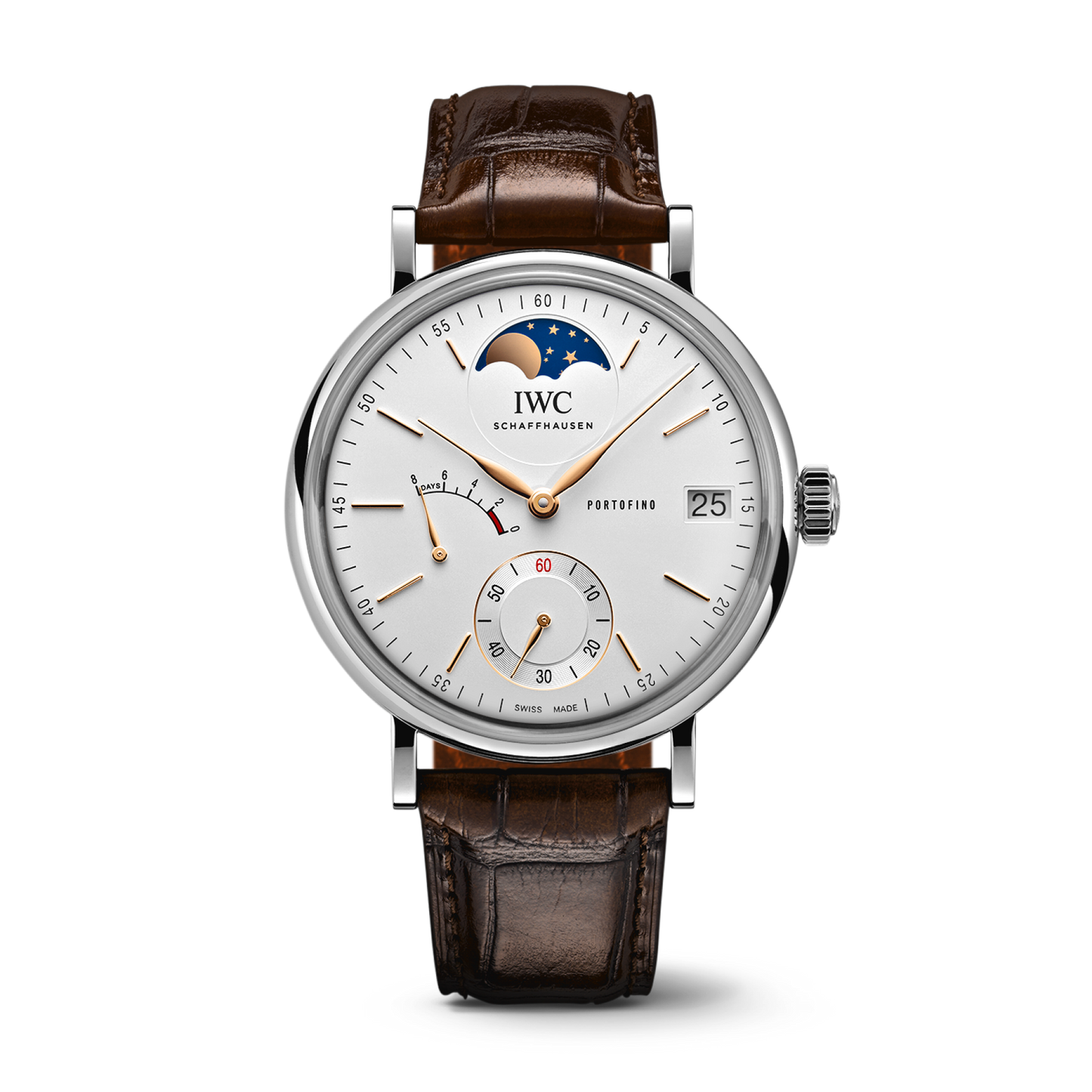 IWC Schaffhausen Portofino Hand-Wound Moon Phase 45 mm Silver  Dial Stainless Steel Dark Brown Alligator Leather Strap IW516401