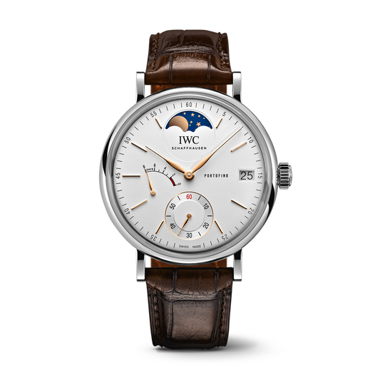 IWC Schaffhausen Portofino Hand-Wound Moon Phase 45 mm Silver  Dial Stainless Steel Dark Brown Alligator Leather Strap IW516401