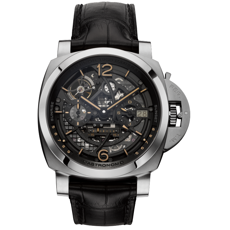 Panerai Luminor Tourbillon Moon Phases Equation of Time GMT - L’Astronomo 50 mm Transparent Dial Brushed Titanium Alligator Black Leather Strap PAM00920