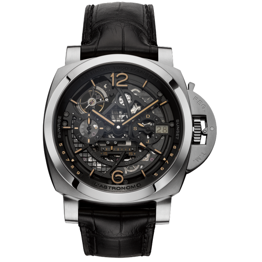 Panerai Luminor Tourbillon Moon Phases Equation of Time GMT - L’Astronomo 50 mm Transparent Dial Brushed Titanium Alligator Black Leather Strap PAM00920