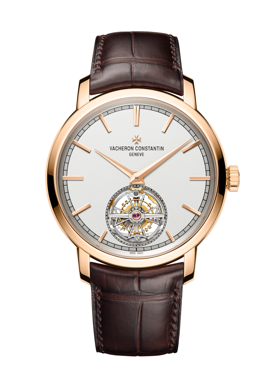 Vacheron Constantin Traditionnelle tourbillon 41 mm Silver Dial 18K Pink Gold Alligator Leather Strap 6000T/000R-B346