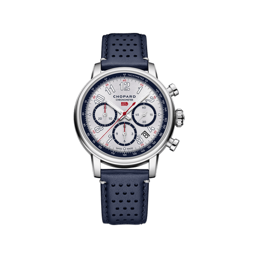 Chopard Mille Miglia Classic Chronograph "French Edition" 40.5 mm Silver Dial Stainless Steel Calfskin Leather Strap 168619-3007