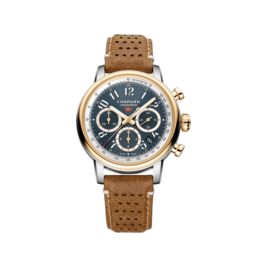 Chopard Mille Miglia Classic Chronograph 40.5 mm Blue Dial 18K Yellow Gold And Stainless Steel Calfskin Leather Strap 168619-4001