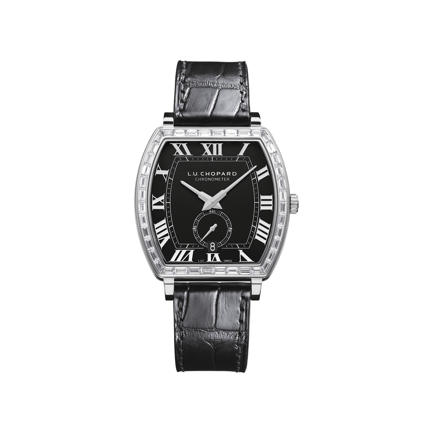 Chopard L.U.C Heritage Grand Cru 38.8 x 38.5 mm Black Dial with Diamonds 18K White Gold Alligator Leather Strap 172296-1001