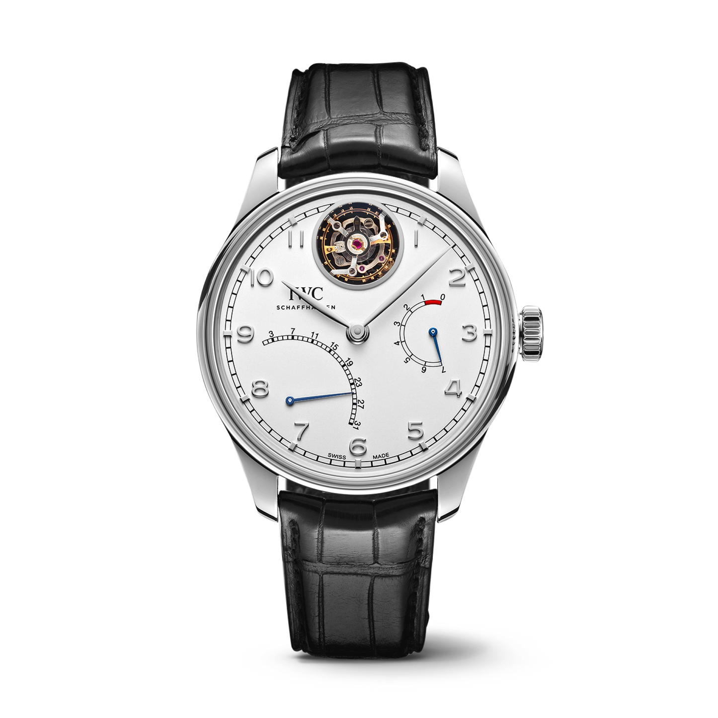 IWC Schaffhausen Portugieser Tourbillon Mystère Rétrograde 44.2 mm Silver Dial Platinum Black Alligator Leather Strap IW504601