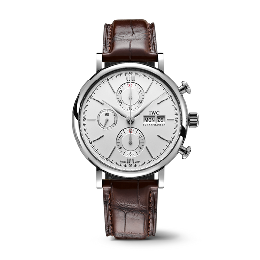 IWC Schaffhausen Portofino Chronograph 42 mm Silver  Dial Stainless Steel Dark Brown Alligator Leather Strap IW391027