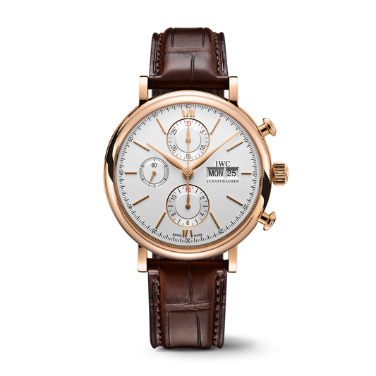 IWC Schaffhausen Portofino Chronograph 42 mm Silver  Dial 18 Kt 5N Gold Dark Brown Alligator Leather Strap IW391025