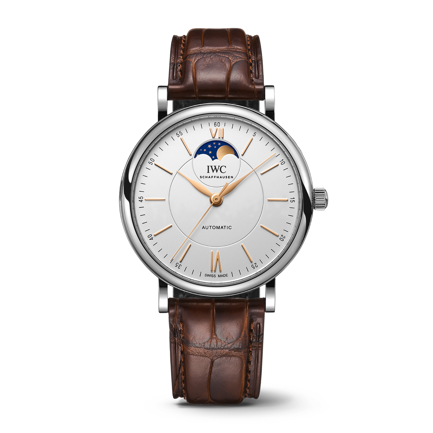 IWC Schaffhausen Portofino Automatic Moon Phase 40 mm Silver  Dial Stainless Steel Dark Brown Alligator Leather Strap IW459401