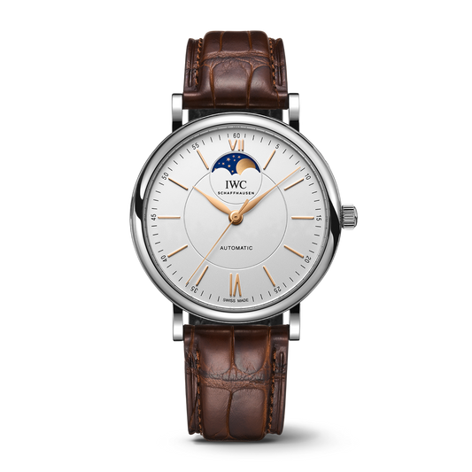 IWC Schaffhausen Portofino Automatic Moon Phase 40 mm Silver  Dial Stainless Steel Dark Brown Alligator Leather Strap IW459401