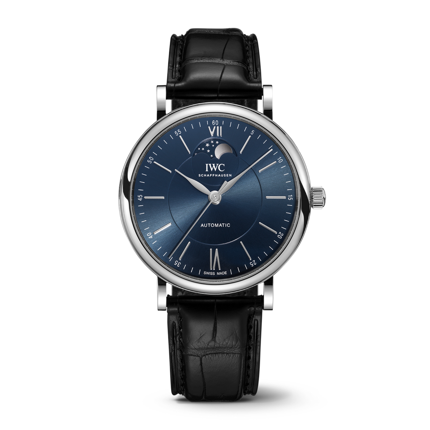 IWC Schaffhausen Portofino Automatic Moon Phase 40 mm Blue  Dial Stainless Steel Black Alligator Leather Strap IW459402