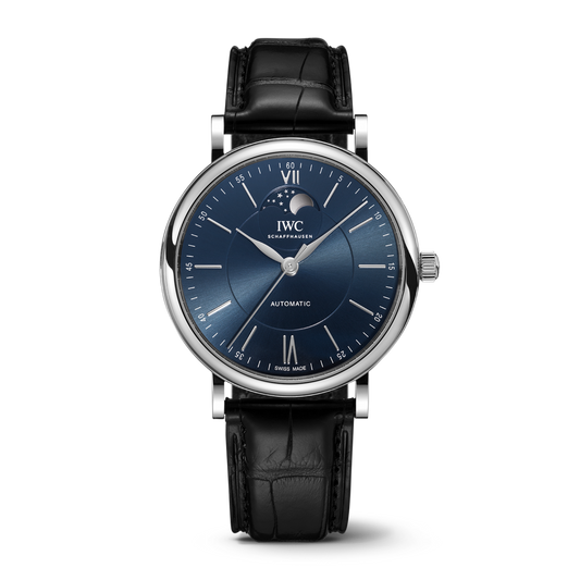 IWC Schaffhausen Portofino Automatic Moon Phase 40 mm Blue  Dial Stainless Steel Black Alligator Leather Strap IW459402