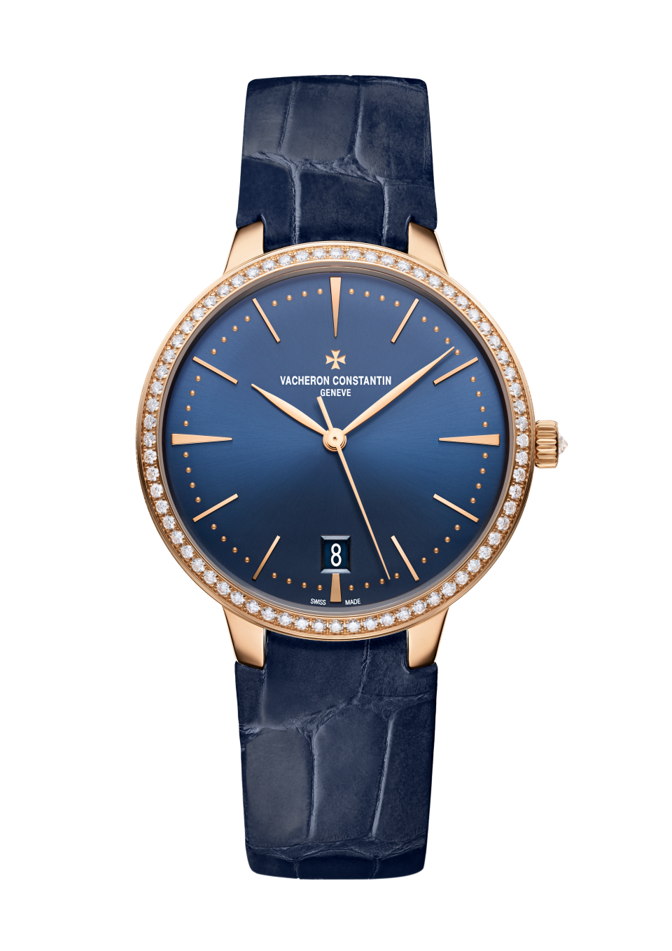 Vacheron Constantin Patrimony self-winding 36.5 mm Blue Dial with Diamonds 18K Pink Gold Alligator Leather Strap 85515/000R-B644