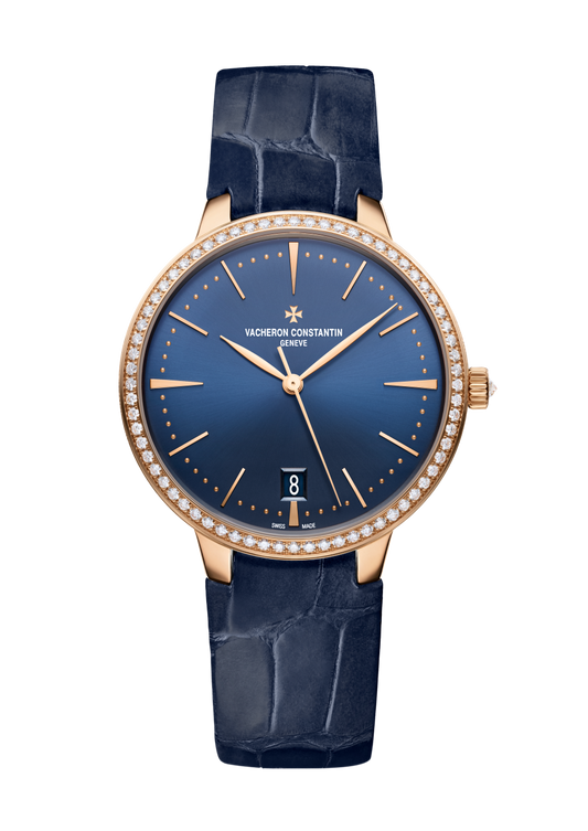 Vacheron Constantin Patrimony self-winding 36.5 mm Blue Dial with Diamonds 18K Pink Gold Alligator Leather Strap 85515/000R-B644