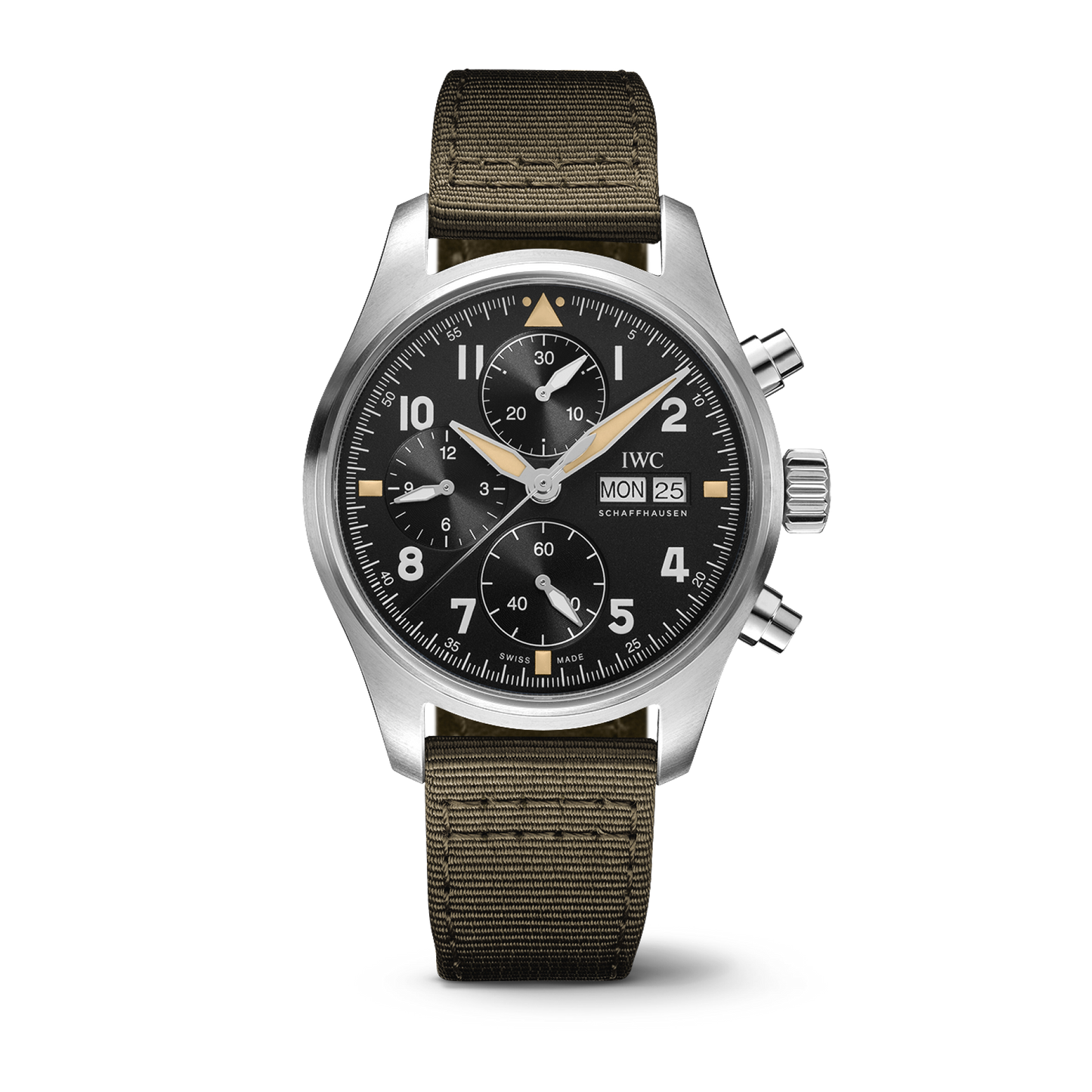 IWC Schaffhausen Pilot’s Watch Chronograph Spitfire 41  mm Black Dial Stainless Steel Green Textile Strap IW387901