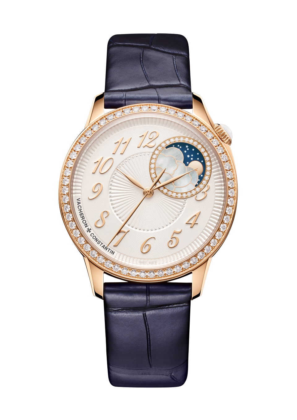 Vacheron Constantin Égérie moon phase 37 mm Silver Dial with Diamonds 18K Pink Gold Alligator Leather Strap 8005F/000R-B498