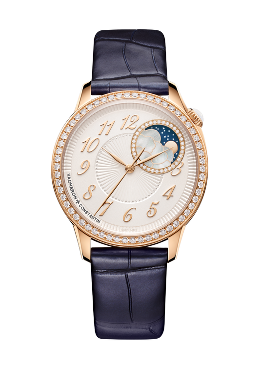 Vacheron Constantin Égérie moon phase 37 mm Silver Dial with Diamonds 18K Pink Gold Alligator Leather Strap 8005F/000R-B498