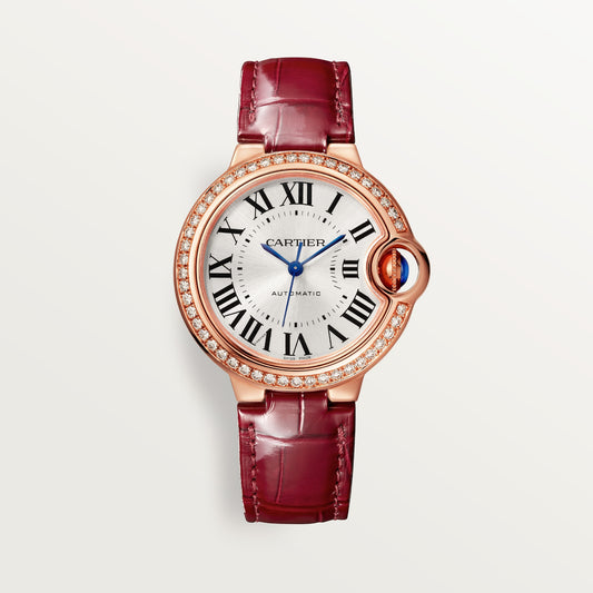 Cartier Ballon Bleu Medium 18k Rose Gold Silver Sunray Dial Burgundy Alligator Leather Strap