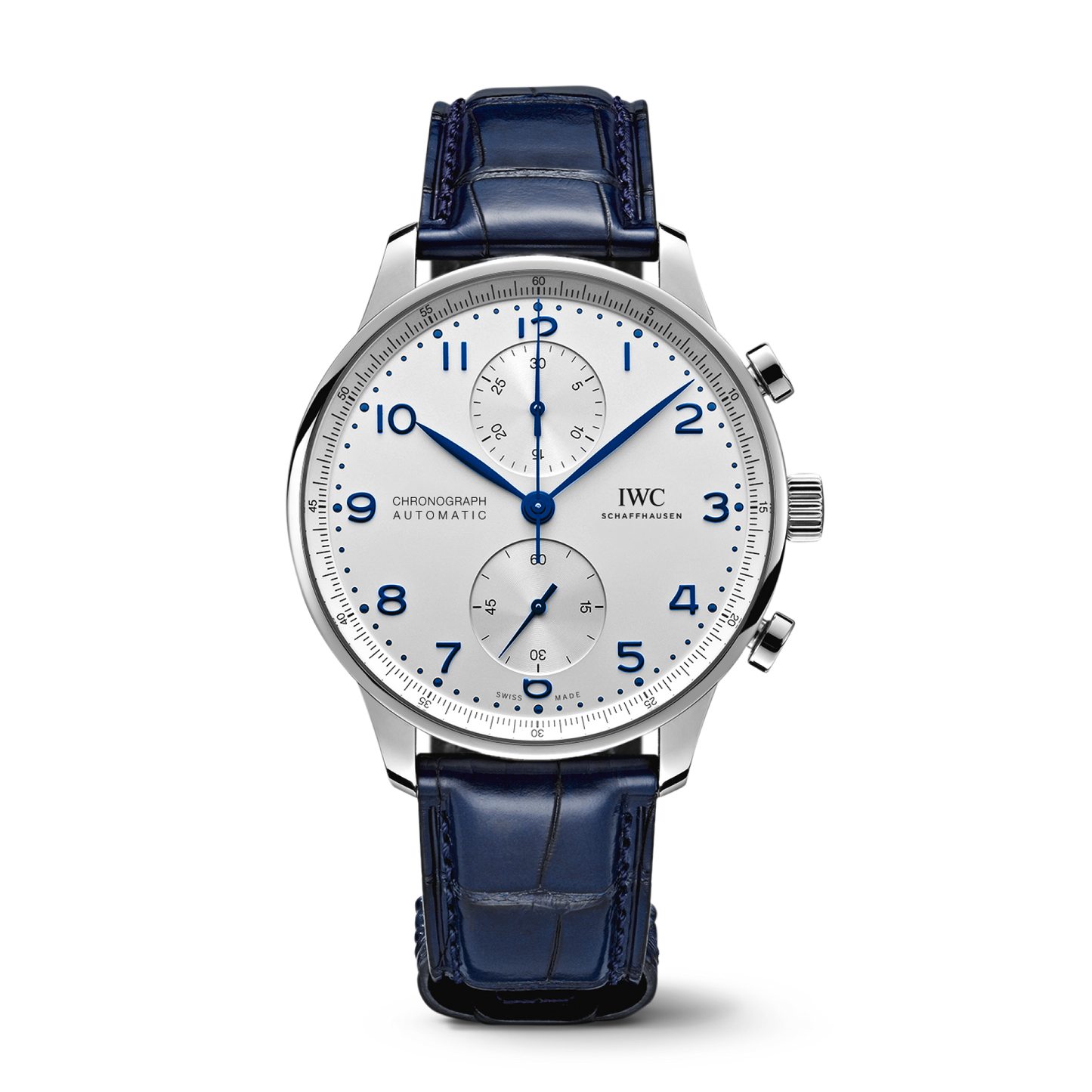 IWC Schaffhausen Portugieser Chronograph 41 mm Silver Dial Stainless Steel Blue Alligator Leather Strap IW371605