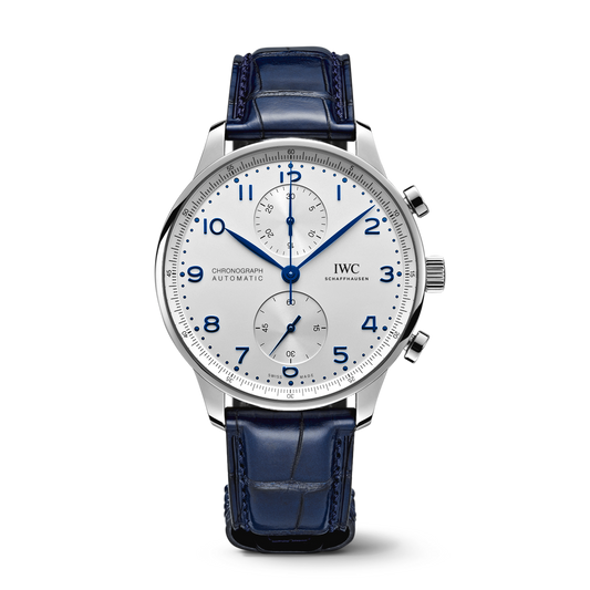 IWC Schaffhausen Portugieser Chronograph 41 mm Silver Dial Stainless Steel Blue Alligator Leather Strap IW371605