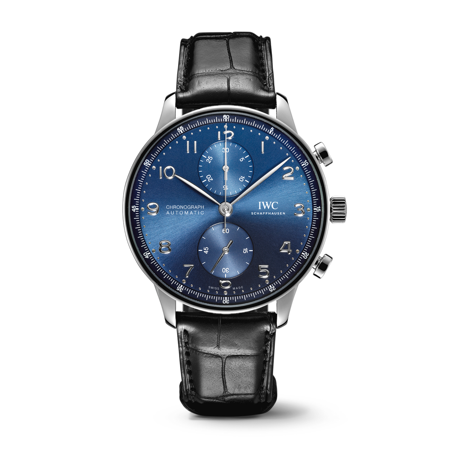 IWC Schaffhausen Portugieser Chronograph 41 mm Blue Dial Stainless Steel Black Alligator Leather Strap IW371606