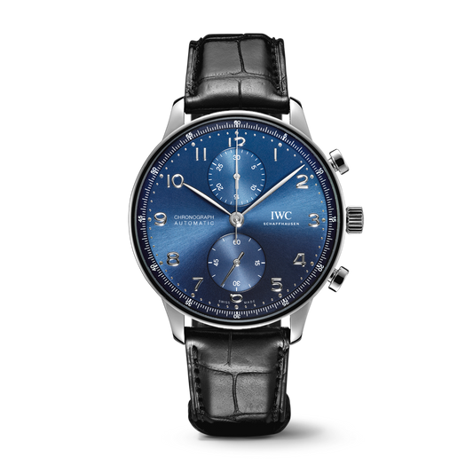 IWC Schaffhausen Portugieser Chronograph 41 mm Blue Dial Stainless Steel Black Alligator Leather Strap IW371606