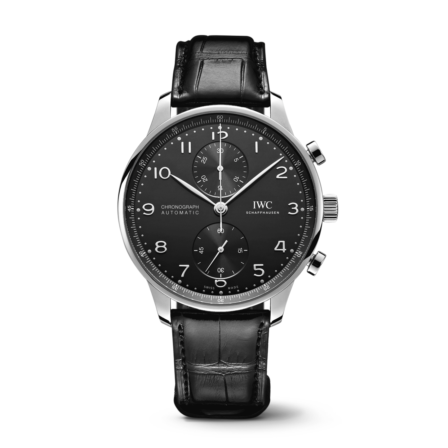 IWC Schaffhausen Portugieser Chronograph 41 mm Black Dial Stainless Steel Black Alligator Leather Strap IW371609