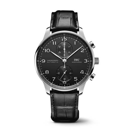 IWC Schaffhausen Portugieser Chronograph 41 mm Black Dial Stainless Steel Black Alligator Leather Strap IW371609