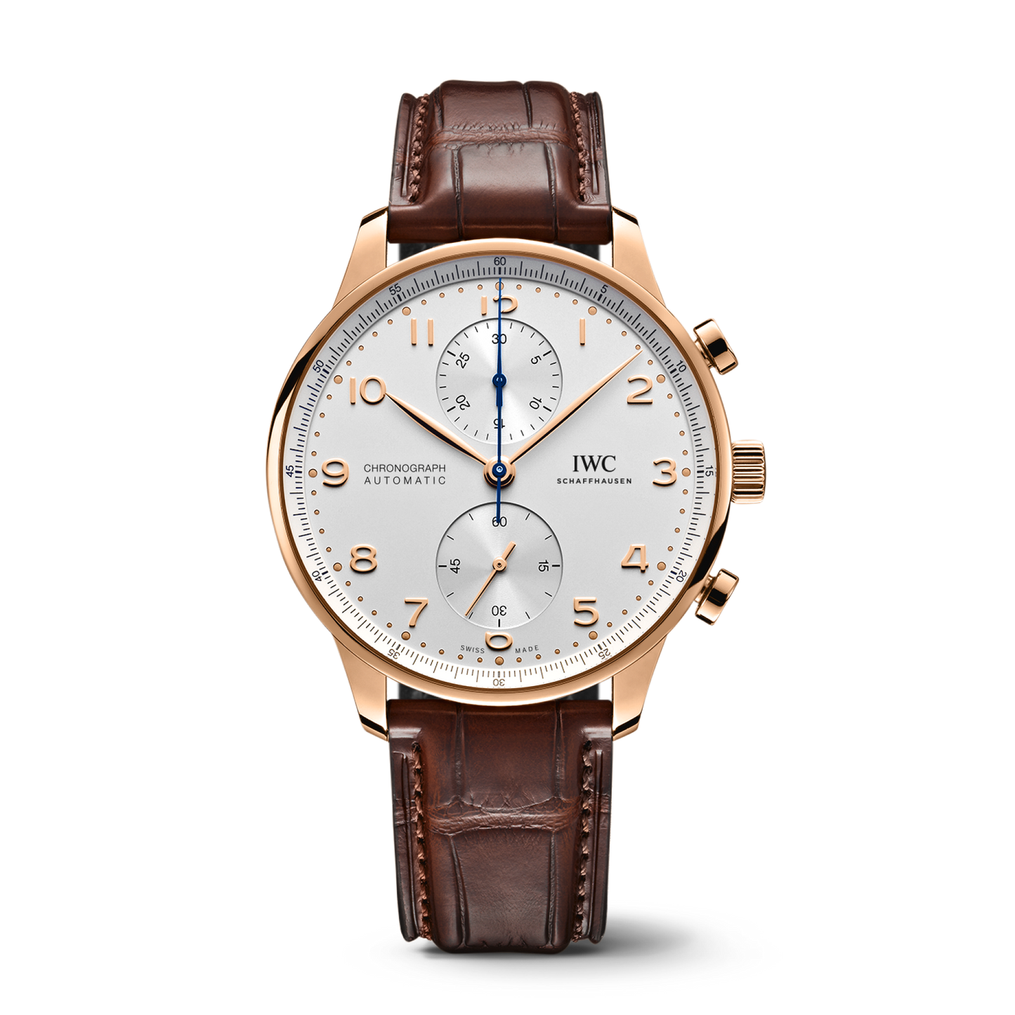 IWC Schaffhausen Portugieser Chronograph 41 mm Silver Dial 18k 5N Gold Dark Brown Alligator Leather Strap IW371611