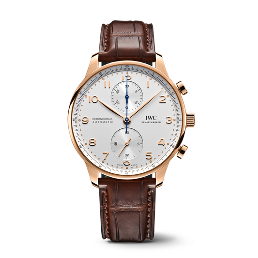 IWC Schaffhausen Portugieser Chronograph 41 mm Silver Dial 18k 5N Gold Dark Brown Alligator Leather Strap IW371611