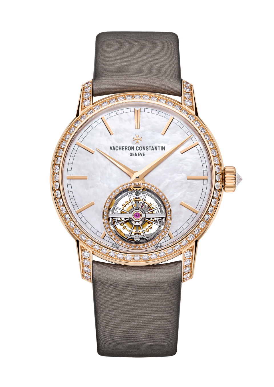 Vacheron Constantin Traditionnelle tourbillon 39 mm White Mother-Of-Pearl Dial with Diamonds 18K Pink Gold Satin Strap 6035T/000R-B634