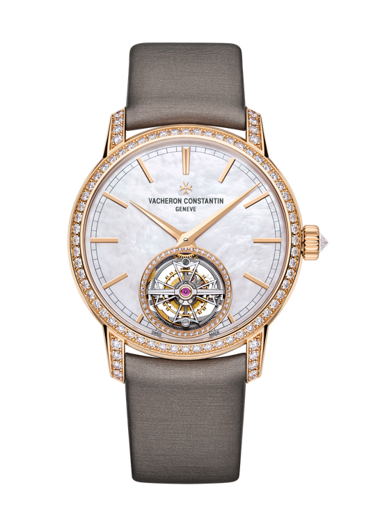 Vacheron Constantin Traditionnelle tourbillon 39 mm White Mother-Of-Pearl Dial with Diamonds 18K Pink Gold Satin Strap 6035T/000R-B634