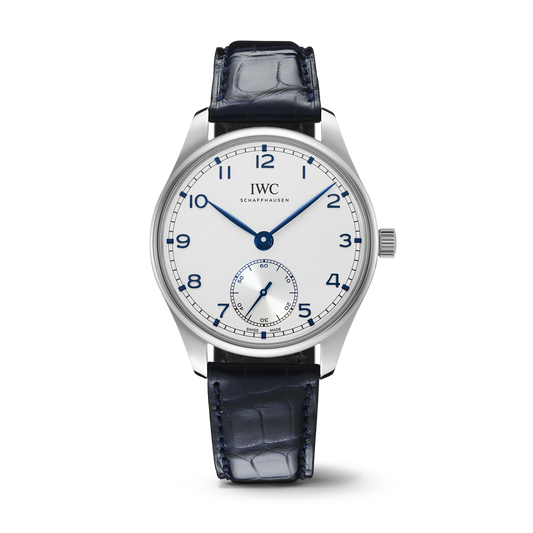 IWC Schaffhausen Portugieser Automatic 40.4 mm Silver Dial Stainless Steel Blue Alligator Leather Strap IW358304