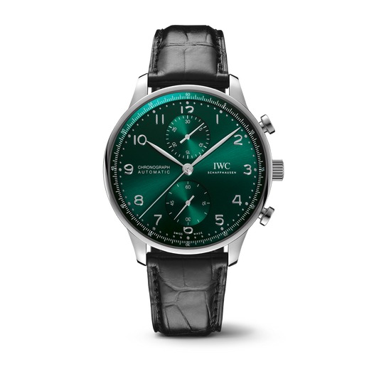 IWC Schaffhausen Portugieser Chronograph 41 mm Green Dial Stainless Steel Black Alligator Leather Strap IW371615