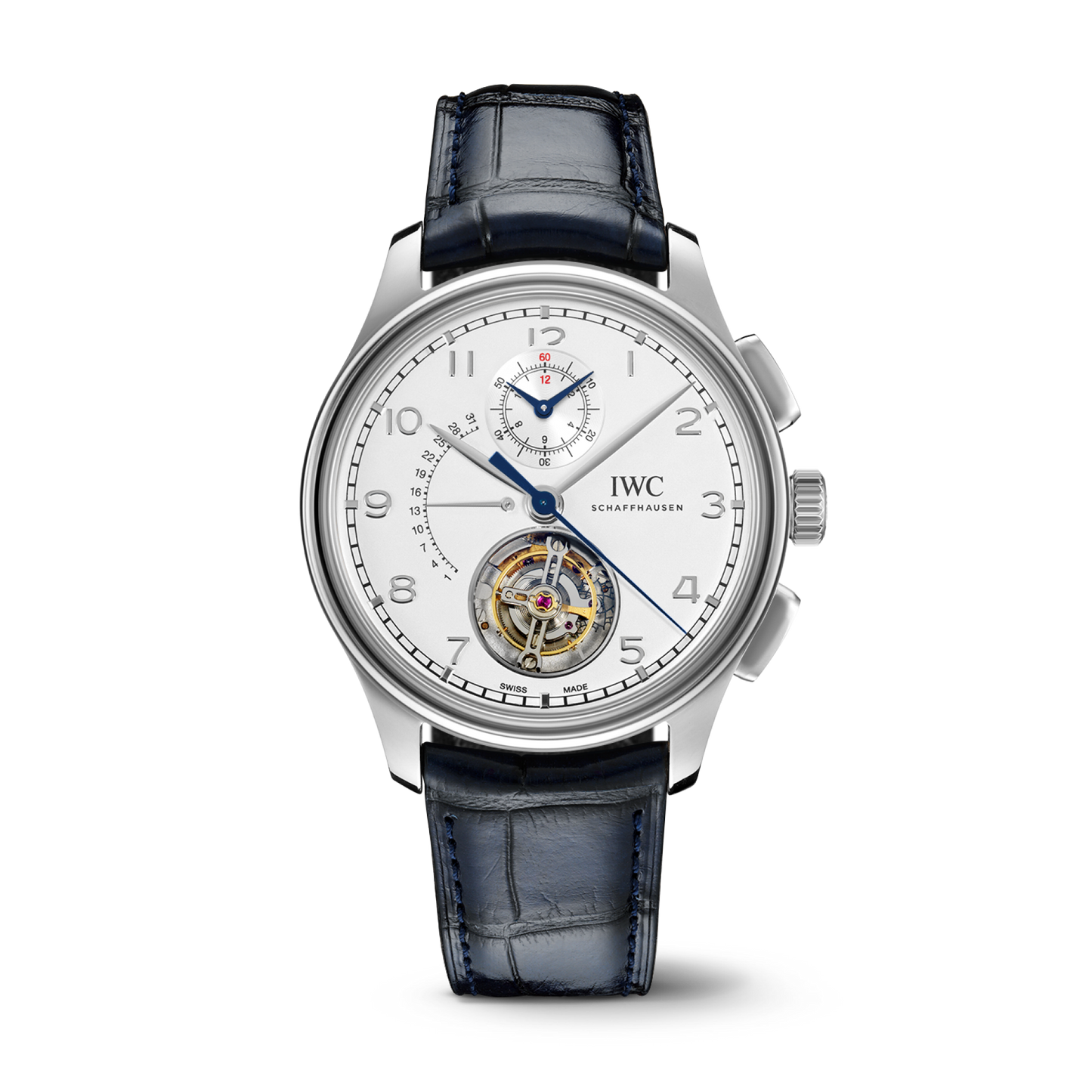 IWC Schaffhausen Portugieser Tourbillon Rétrograde Chronograph 43.5 mm Silver Dial Platinum Blue Alligator Leather Strap IW394006