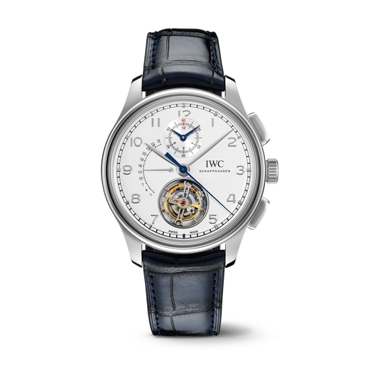 IWC Schaffhausen Portugieser Tourbillon Rétrograde Chronograph 43.5 mm Silver Dial Platinum Blue Alligator Leather Strap IW394006