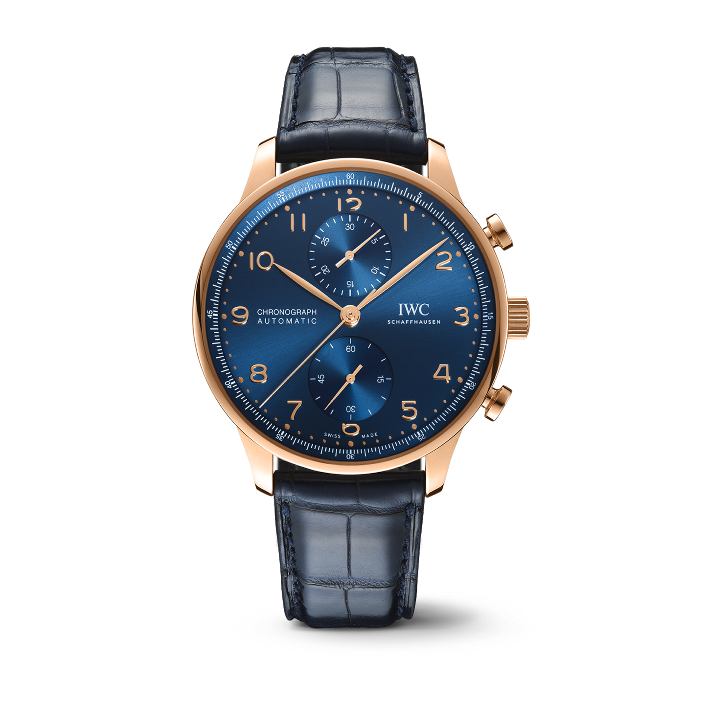 IWC Schaffhausen Portugieser Chronograph 41 mm Blue Dial 18k 5N Gold Blue Alligator Leather Strap IW371614