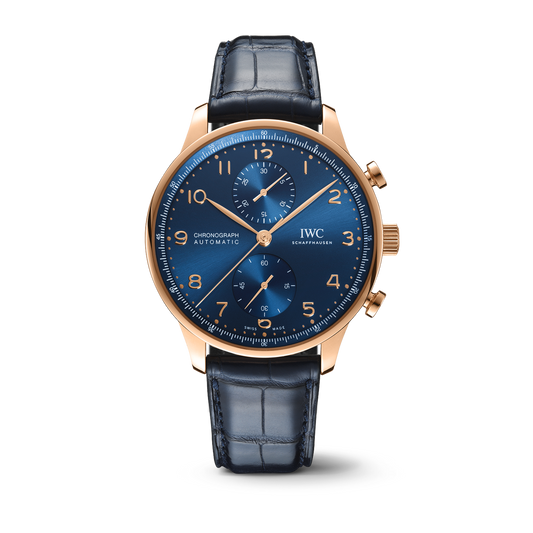 IWC Schaffhausen Portugieser Chronograph 41 mm Blue Dial 18k 5N Gold Blue Alligator Leather Strap IW371614